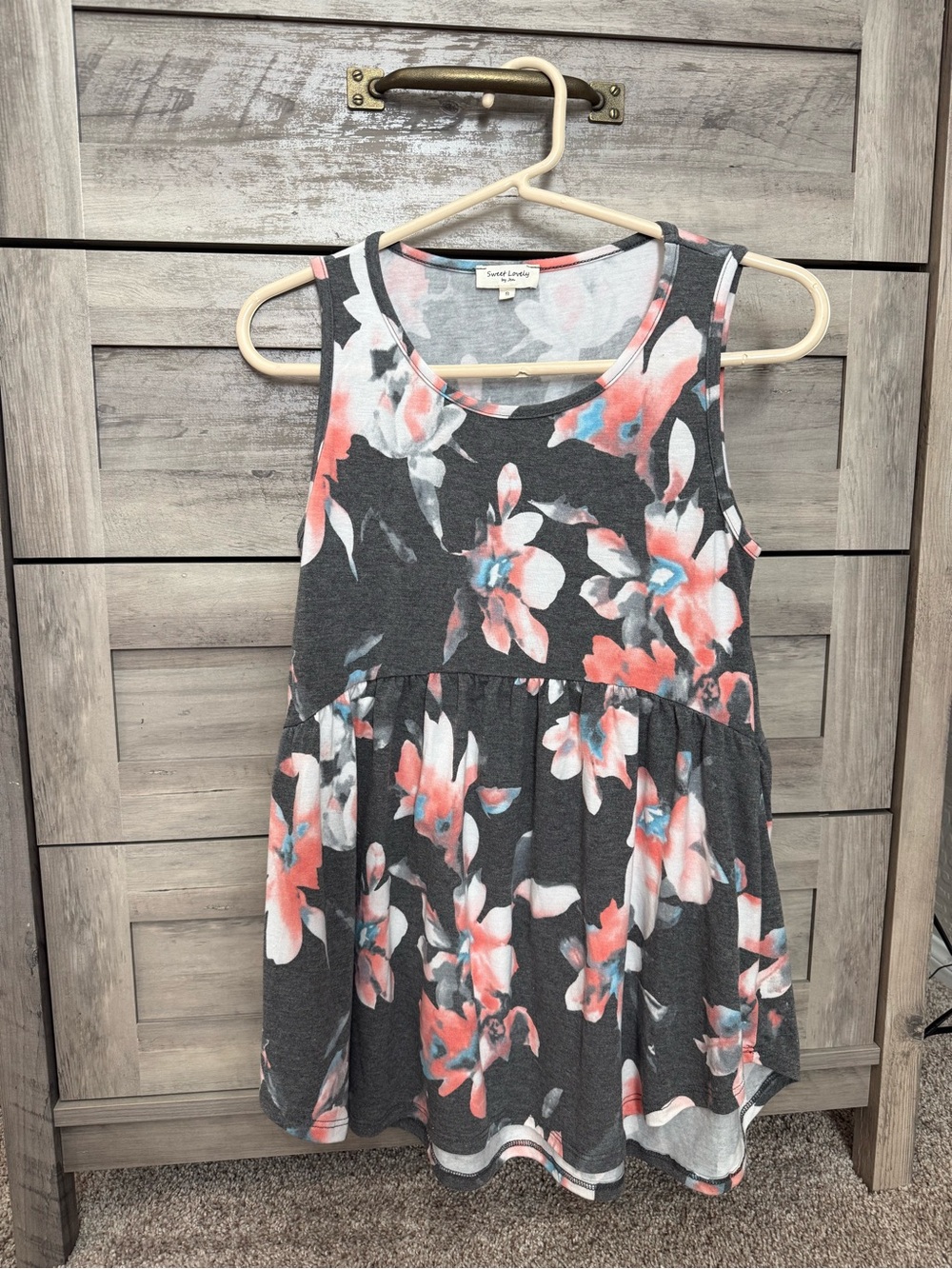 Charcoal Floral Tank Top with Coral Accents